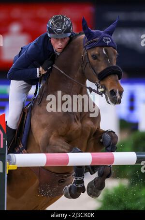 Leipzig, Germany. 07th Apr, 2022. Martin Fuchs from Switzerland wins the 1st final of the Longines Fei Jumping World Cup at the Leipzig Fair on Chaplin. Credit: Jan Woitas/dpa/Alamy Live News Stock Photo