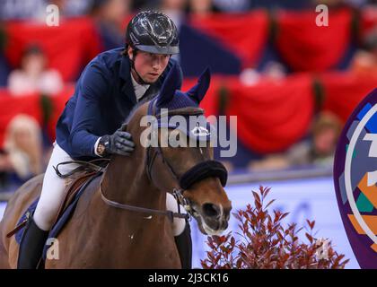 Leipzig, Germany. 07th Apr, 2022. Martin Fuchs from Switzerland wins the 1st final of the Longines Fei Jumping World Cup at the Leipzig Fair on Chaplin. Credit: Jan Woitas/dpa/Alamy Live News Stock Photo