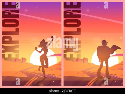 Explore posters with man hiker and girl silhouettes on road in desert. Vector flyers of travel and hiking with cartoon illustration of desert landscap Stock Vector