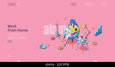 Work from home banner. Concept of freelance, online business, remote job. Vector landing page of distance work at home office with cartoon illustratio Stock Vector