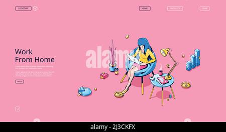 Work from home banner. Concept of freelance, online business, remote job. Vector landing page of distance work at home office with cartoon illustratio Stock Vector