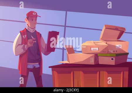 Worker in warehouse controls orders logistic and shipping. Vector cartoon illustration of storage room with man in uniform with clipboard and open car Stock Vector