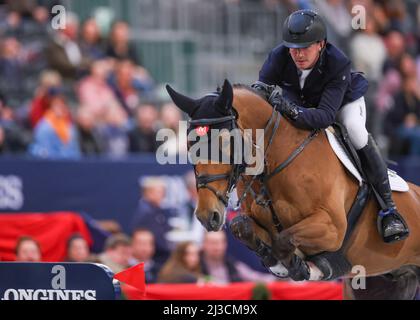 Leipzig, Germany. 07th Apr, 2022. Gerrit Nieberg from Germany competes on Ben in the 1st Final of the Longines Fei Jumping World Cup at the Leipzig Fair. Credit: Jan Woitas/dpa/Alamy Live News Stock Photo