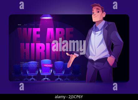 We are hiring landing page, employer offer vacant place illuminated with spotlight. Hire job announcement, candidates head hunting. Human resources re Stock Vector