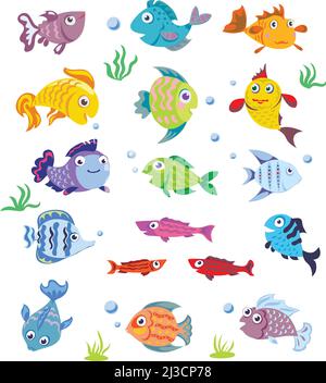 Fish, marine life pattern, set, color, various poses and situations, drawing, vector, images, cartoon Stock Vector