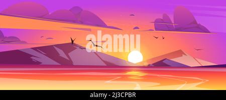 Sunset in ocean or sea scenery nature landscape. Purple clouds in orange sky with flying gulls and shining sun go down mountains above rocks and calm Stock Vector