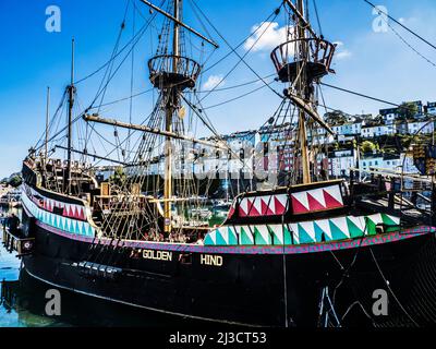 The full sized replica of The Golden Hind, Sir Francis Drake's famous galleon, which is permanently moored in Brixham harbour, Devon. Stock Photo