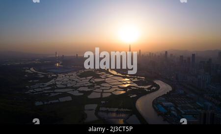 Shenzhen skyline view from the boundary of Hong Kong fish farm Stock Photo