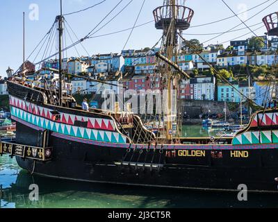 The full sized replica of The Golden Hind, Sir Francis Drake's famous galleon, which is permanently moored in Brixham harbour, Devon. Stock Photo