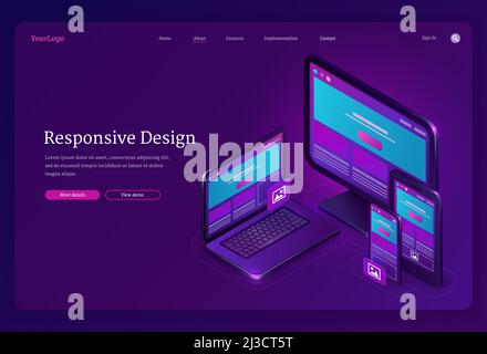 Responsive design isometric landing page. Adaptive user interface and experience for different digital devices, ui ux mobile layouts, application deve Stock Vector