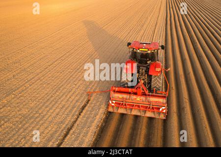 Tractor drags plow for leaving long furrows behind in soil on sunny day. Agricultural transportation works in endless field at sunset aerial view Stock Photo