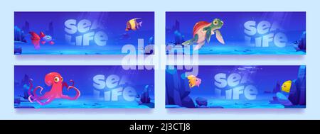Cartoon underwater landscape banners, sea game level backgrounds with ...