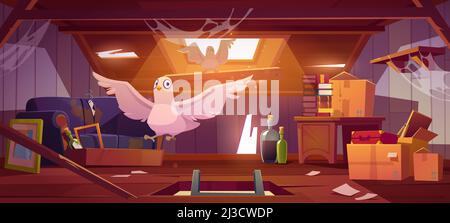 Doves in abandoned attic with old things, ladder in hatch, roof window and furniture. Pigeons live on dilapidated mansard or garret place with spider Stock Vector