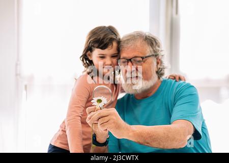 Content bearded grandfather with positive girl looking at white chamomile through magnifying glass while studying botany in light room at home Stock Photo