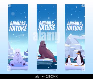 Bookmarks with penguins, polar bear and seal on floe in sea. Vector vertical banners of animals in nature with cartoon illustration of wild animals of Stock Vector