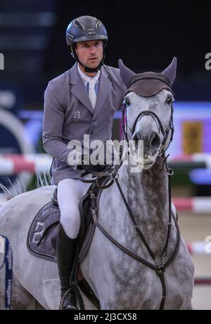 Leipzig, Germany. 07th Apr, 2022. Christian Kukut from Germany competes on Checker in the 1st Final of the Longines Fei Jumping World Cup at the Leipzig Fair. Credit: Jan Woitas/dpa/Alamy Live News Stock Photo