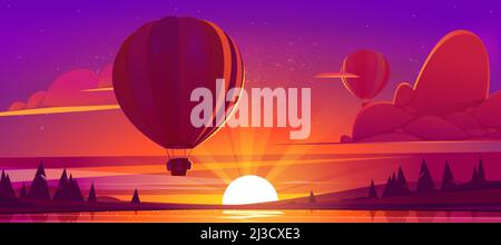 Sunset landscape with flying hot air balloons, lake and sun on horizon. Vector cartoon illustration of airships with baskets fly over river and conife Stock Vector
