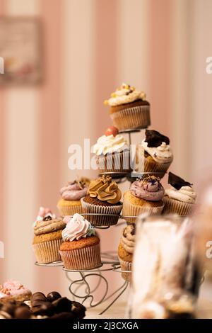 Bunch of assorted tasty cupcakes placed on metal holder on table in bakery Stock Photo