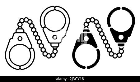 Linear icon, metal handcuffs to neutralize criminals. Outfit and equipment of police. Simple black and white vector isolated on white background Stock Vector