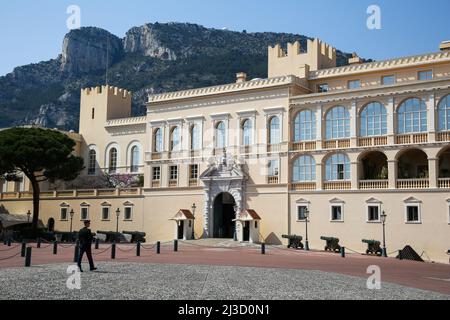 An exterior view of The Place du Palais at Monaco. The Prince's Palace of Monaco is the official residence of the Sovereign Prince of Monaco. Albert II OLY, the son of Prince Rainier III and Grace Kelly is the sovereign prince of Monaco and head of the House of Grimaldi. Stock Photo