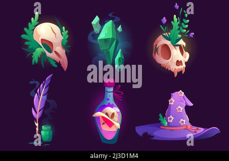 Witch stuff and magic items hat, bird and animal skulls, love or death potion bottle, quill pen with inks, green crystall assets for pc game, ui eleme Stock Vector