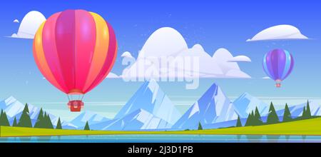 Summer landscape with flying hot air balloons, lake and mountains. Vector cartoon illustration of colorful airships with baskets fly over river, green Stock Vector