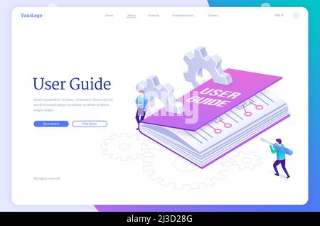 User guide isometric landing page, tiny people at huge manual book, guidance document with cogwheels, men use gadget and screwdriver. Instruction guid Stock Vector