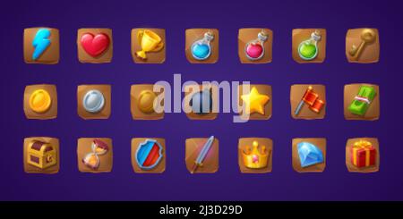 Set of game icons or buttons. Cartoon 3d ui shield, sword, flash and heart, golden cup, magic potion flasks, gold key and treasure chest. Flag, gift b Stock Vector
