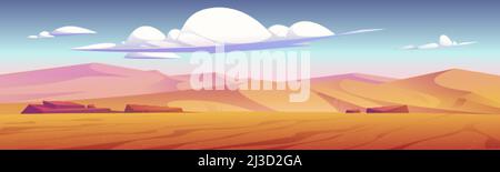 Desert landscape with golden sand dunes and stones under blue cloudy sky. Hot dry deserted african or mexican nature background with yellow sandy hill Stock Vector