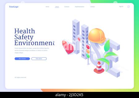 Hse, health safety environment isometric landing page. Working security concept with helmet, heart, cone and sprout. Healthcare environmental protecti Stock Vector