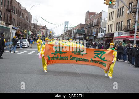 Falun Dafa group marches in the Saint Patrick's Day Parade in Bay Ridge Brooklyn not far from the local Chinese community in the area.    Falun Gong, (Chinese: “Discipline of the Dharma Wheel”) also spelled Falungong, also called Falun Dafa, controversial Chinese spiritual movement founded by Li Hongzhi in 1992. The movement’s sudden prominence in the late 1990s became a concern to the Chinese government, which branded it a “heretical cult.” It is actually a peace loving buddhist spiritual movement. Stock Photo
