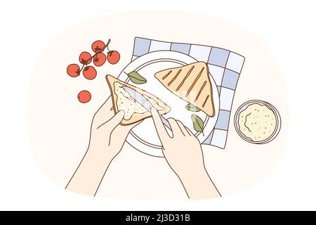 Having breakfast and meal concept. Top view of human hands adding butter to bread toasts making sandwich for breakfast vector illustration  Stock Vector