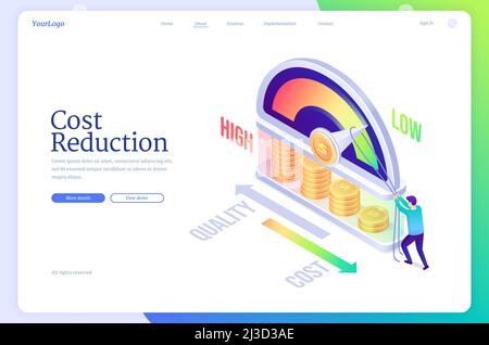 Cost reduction isometric landing page, business concept of optimization financial and marketing strategy, balance between low and high spending, price Stock Vector