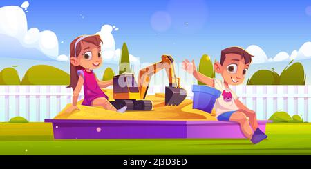 Children playing in sand box, little boy and girl sitting in sandbox with toys playing with excavator and plastic bucket. Kids outdoor fun, summer rec Stock Vector