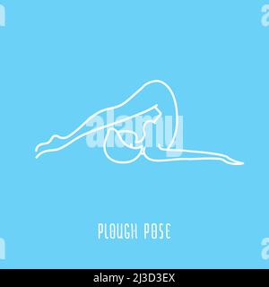 Vector yoga pose flat linear asana icon, simple sign of woman in plough pose, white outline logo isolated on blue, fitness and sport illustration Stock Vector