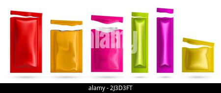 Colored sachets with wet wipes. Vector realistic mockup of 3d blank foil packages with facial napkins. Set of torn pouches, plastic packets different Stock Vector