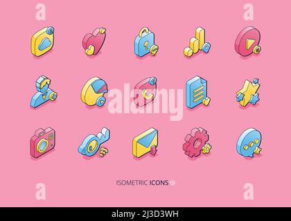 Isometric icons for social media. Network, internet marketing and communication concept. Vector set of phone, email, star, heart, user and message sym Stock Vector