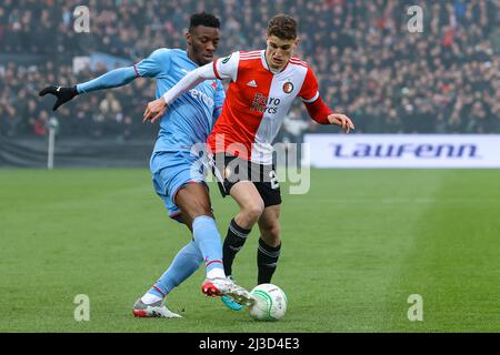 Prague, Czech Republic. 3rd May, 2023. OSCAR DORLEY of Slavia Praha fights  for the ball with Sparta's ADAM KARABEC (L) during Czech Cup of 2022-2023  at May 03, 2023, in Prague as