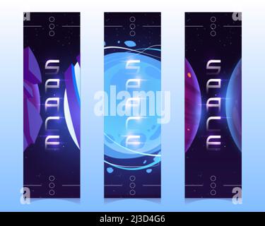 Space bookmarks with alien planets on galaxy background. Vector vertical banners with cartoon illustration of dark sky with stars, moon and planets in Stock Vector