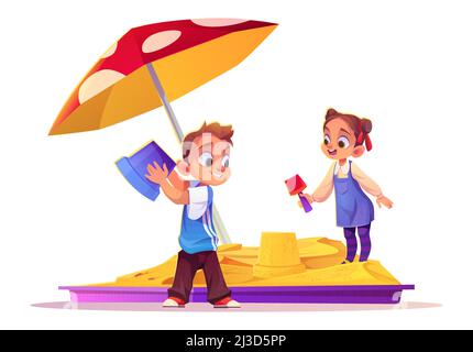 Children playing in sand box, little boy and girl building castle in sandbox using bucket and shovel toys. Kids outdoor fun, summer recreation, leisur Stock Vector