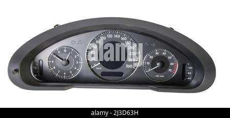 The dashboard of the car with white arrows with a speedometer, tachometer and other tools to monitor the condition of the vehicle in modern style on w Stock Photo