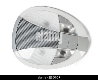 The removed spare part from the car on a white isolated background is the interior light in the ceiling for replacement and repair. Spare parts catalo Stock Photo