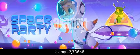 Space party poster with cute spaceman and alien character in sweet world. Vector banner with cartoon illustration of candy planet landscape, boy astro Stock Vector