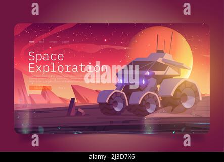 Space exploration banner with rover on alien planet surface. Vector landing page of cosmos investigation with cartoon illustration of planet landscape Stock Vector