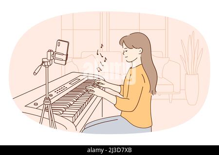 Vlogger and music record concept. Young female sitting playing piano making record of music on smartphone on tripod for her social media vector illustration  Stock Vector