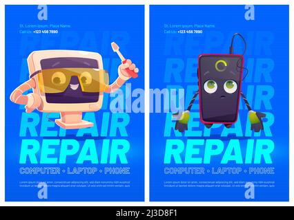 Gadgets repair service cartoon ad posters, computer and smartphone characters, cute pc desktop in protective glasses and screwdriver in hand. Vector m Stock Vector