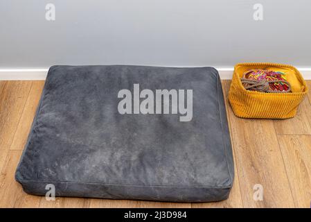 Dog bed covered with fur, lying on vinyl panels in the living room, next to a container with toys for the dog. Stock Photo