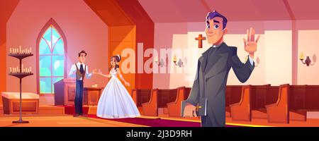 Wedding in catholic church with happy couple and pastor. Vector cartoon ...