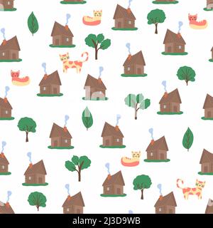 Wooden house in the forest seamless pattern. Scene with deciduous trees, fir trees and a Russian hut. Stock Vector