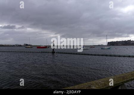 View across Cardiff Bay towards Penarth Head and Cardiff Barrage on the horizon taken from Cardiff Bay Wetlands Reserve Stock Photo